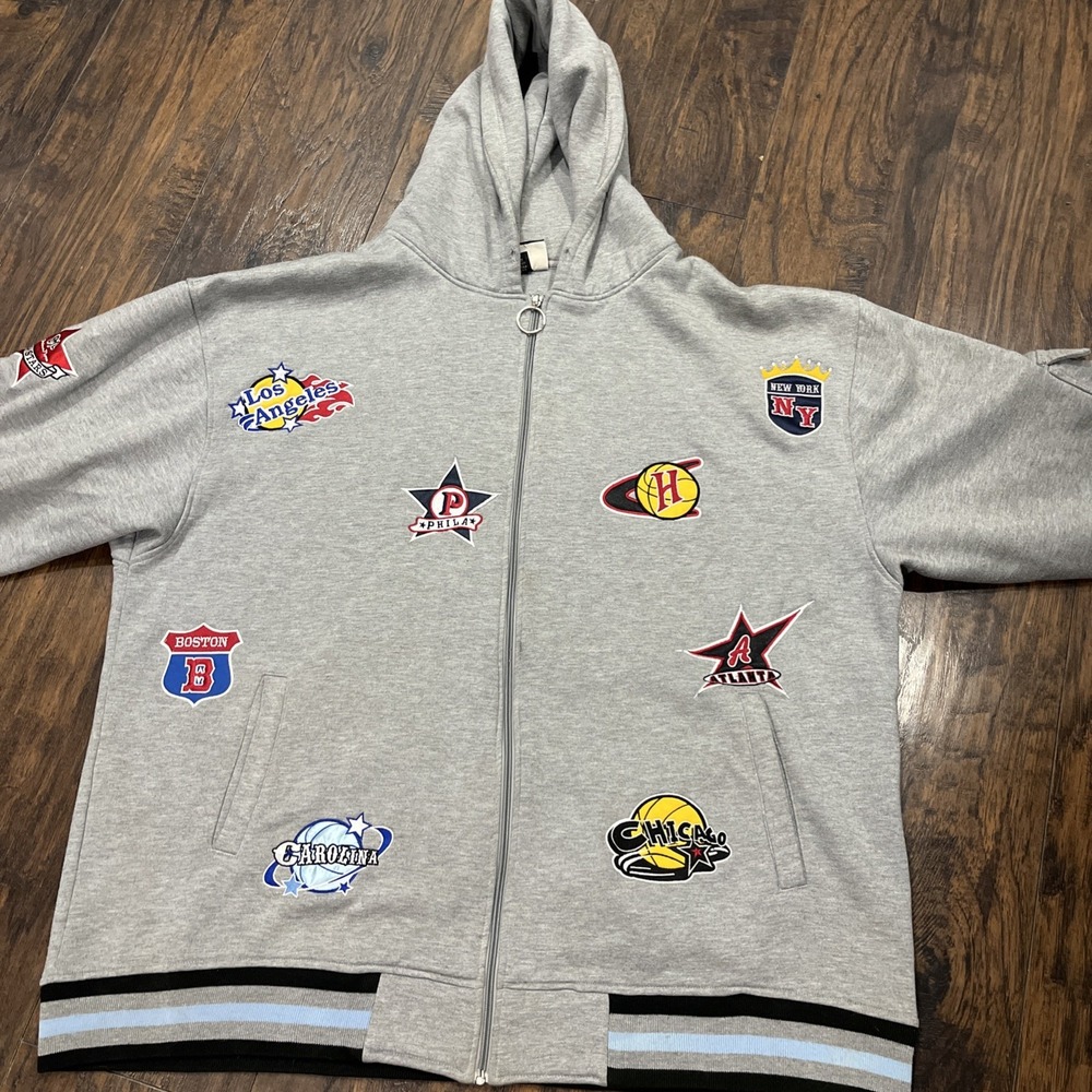 Vintage NBA Teams Logo Patch Hoodie Zip Jacket Sports Unique Coat Sz 3XL